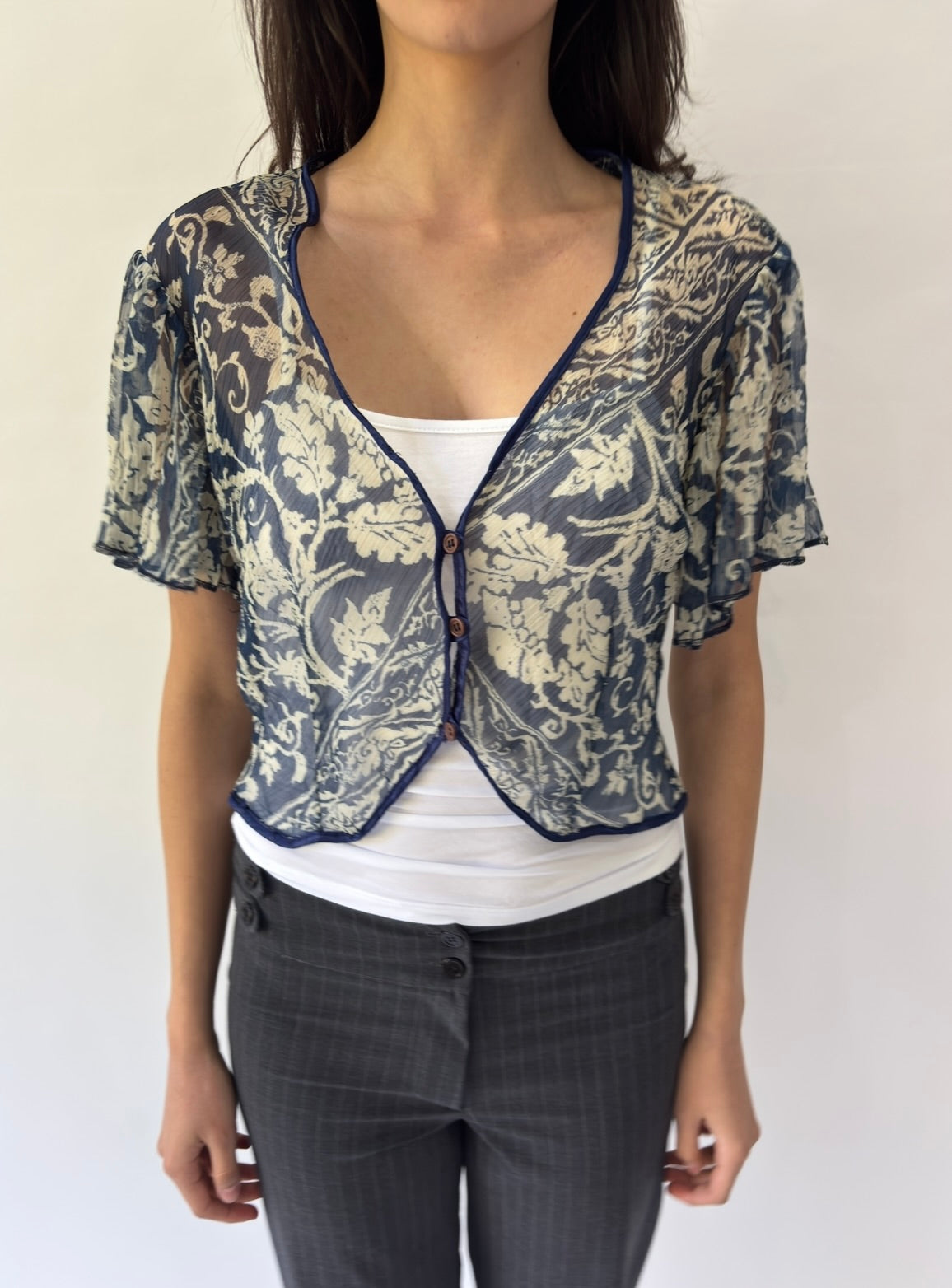 devil wears prada | smalll blue sheer button up cropped top