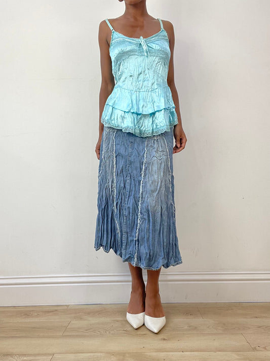 vintage edit twenty-six | small blue denim light wash maxi skirt