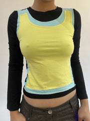 ‼️ | small black long sleeve top with yellow vest overlay detail