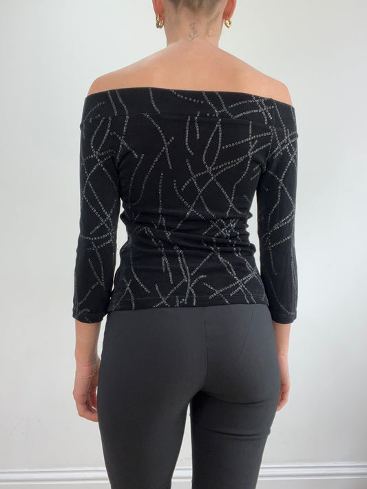 vintage edit twenty-two | medium  black off the shoulder top with glitter detail