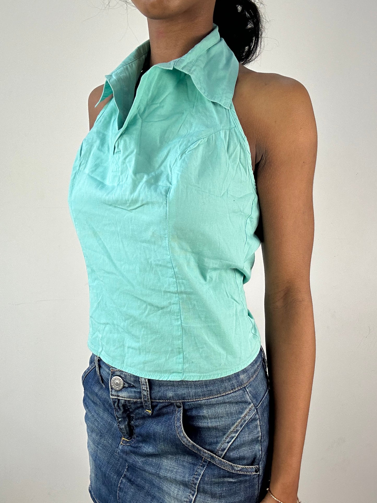 vintage edit: tops | medium teal blue halterneck top