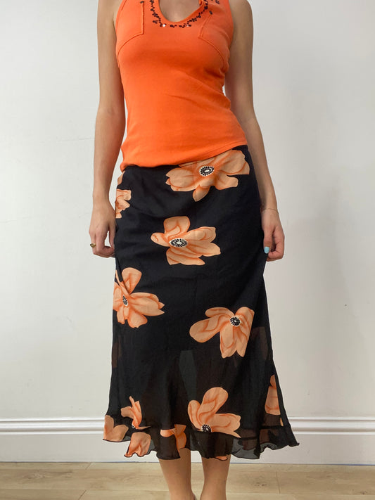 vintage edit thirty | medium black maxi skirt with orange floral print
