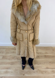 medium cream suede afghan coat with faux fur trim