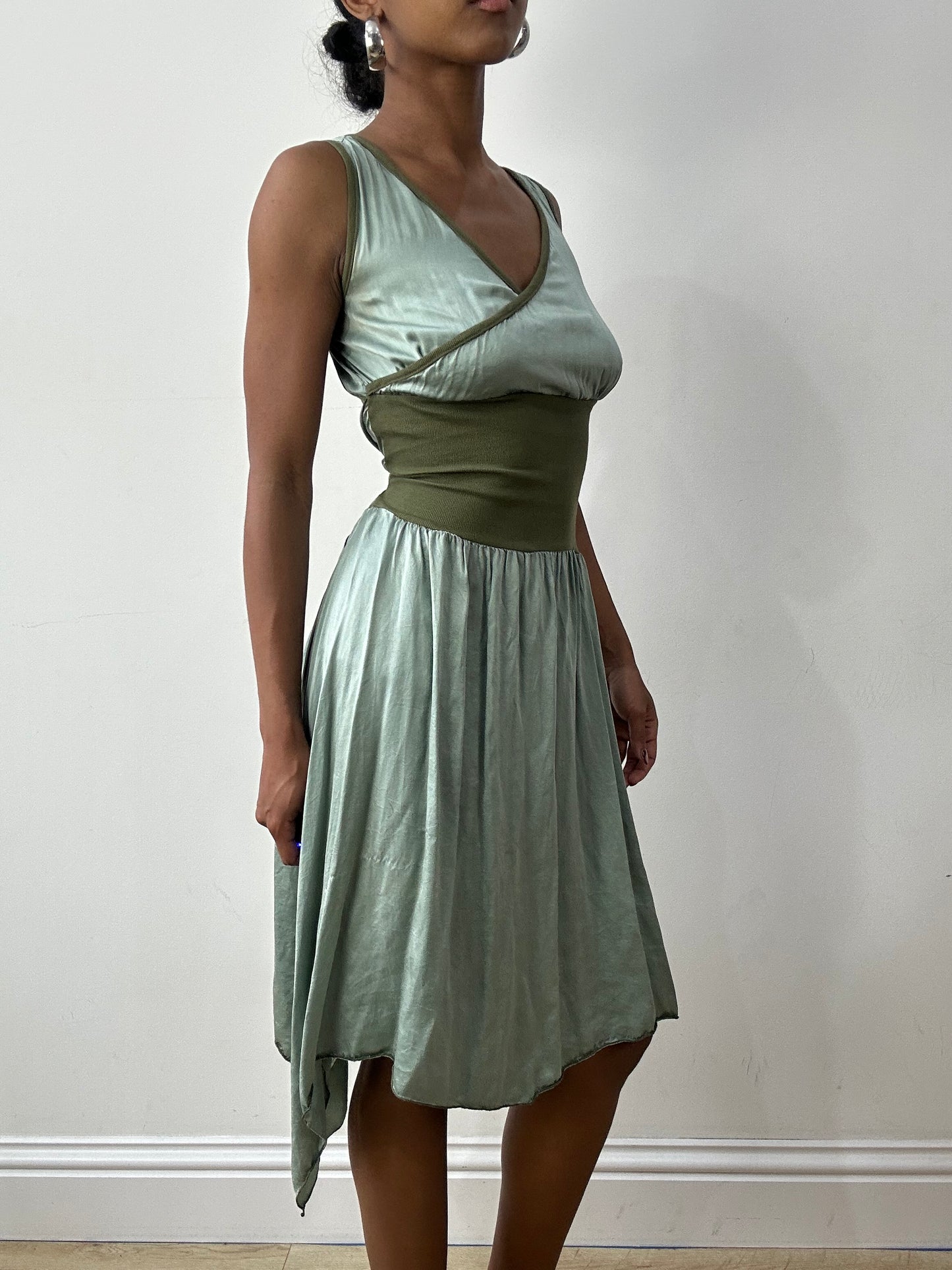 midsummer edit | small sage green asymmetric midi dress