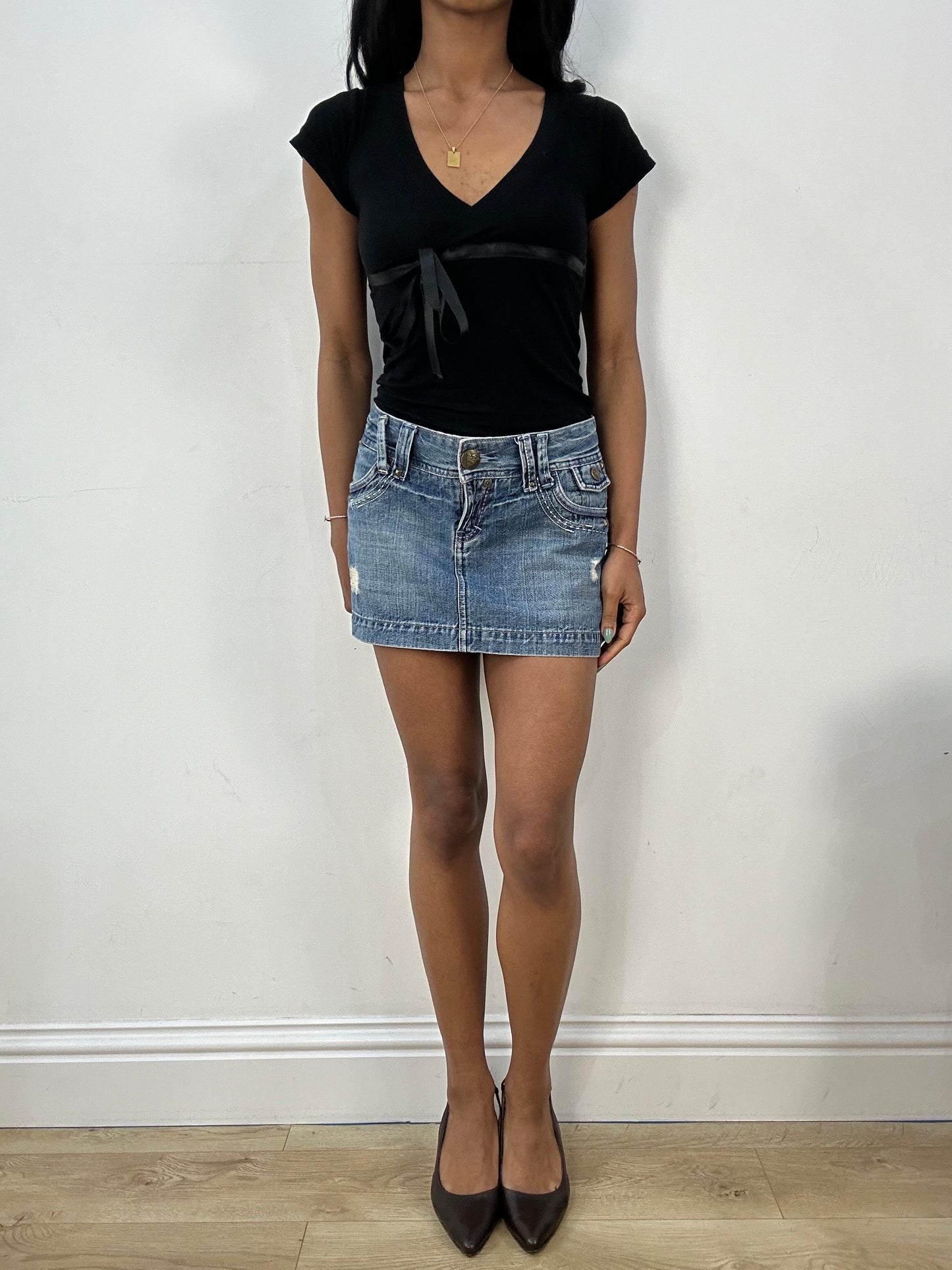 BEST PICKS | medium blue denim distressed mini skirt