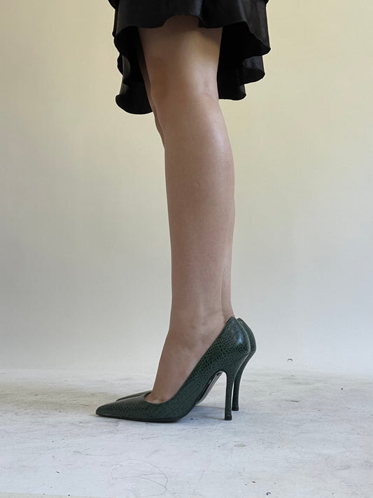 Y2K| green snake skin print heels