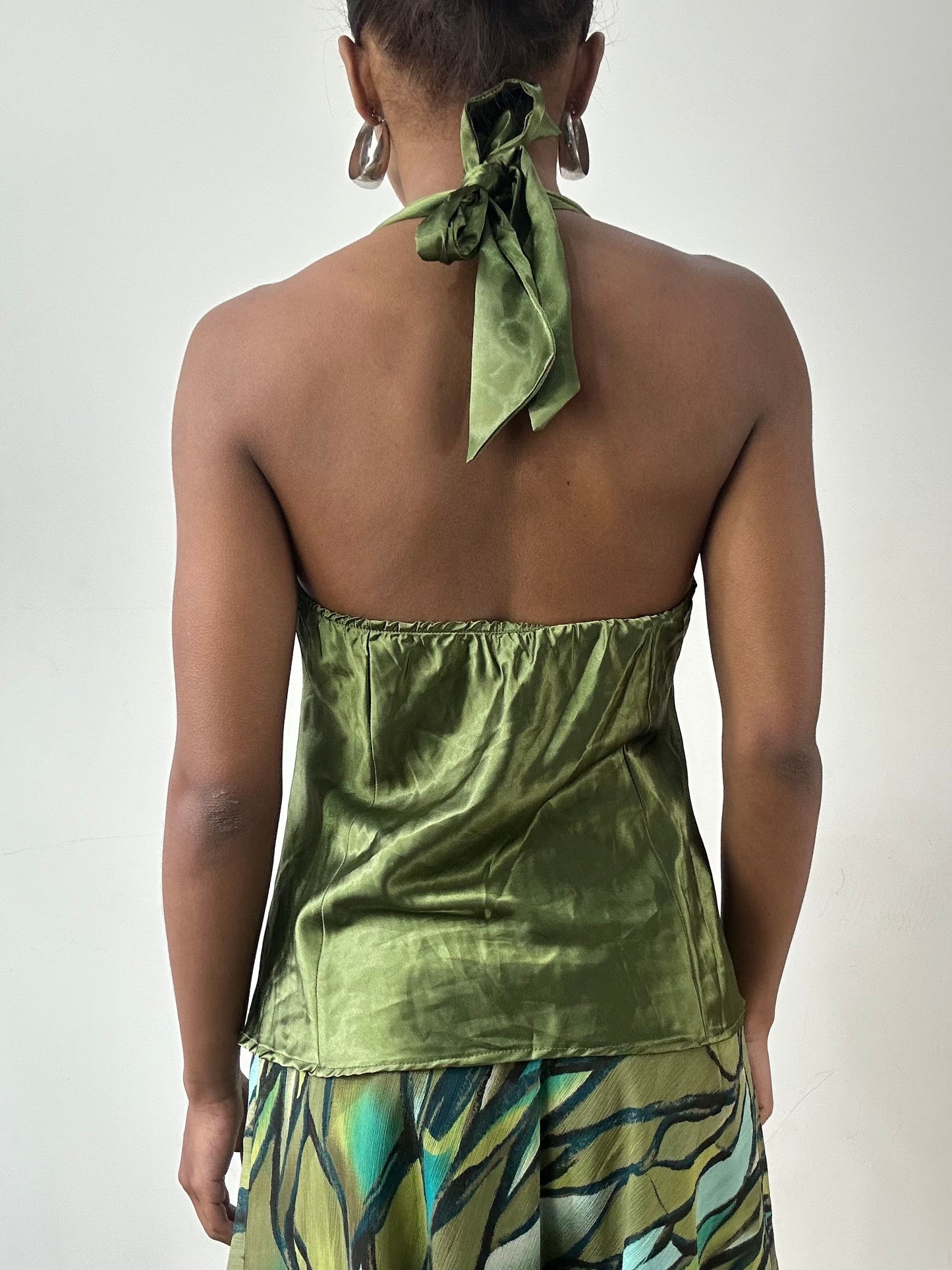 LFW edit | medium green halterneck top with 3D flower detail