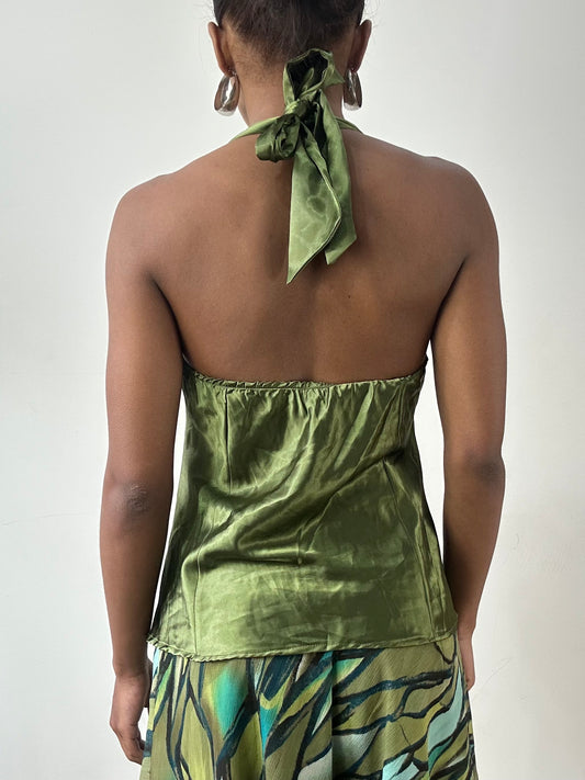LFW edit | medium green halterneck top with 3D flower detail