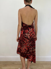 vintage edit: wedding guest | large red and burgundy halter neck maxi dress