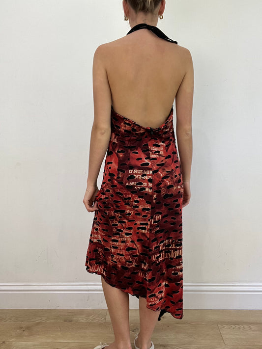 vintage edit: wedding guest | large red and burgundy halter neck maxi dress