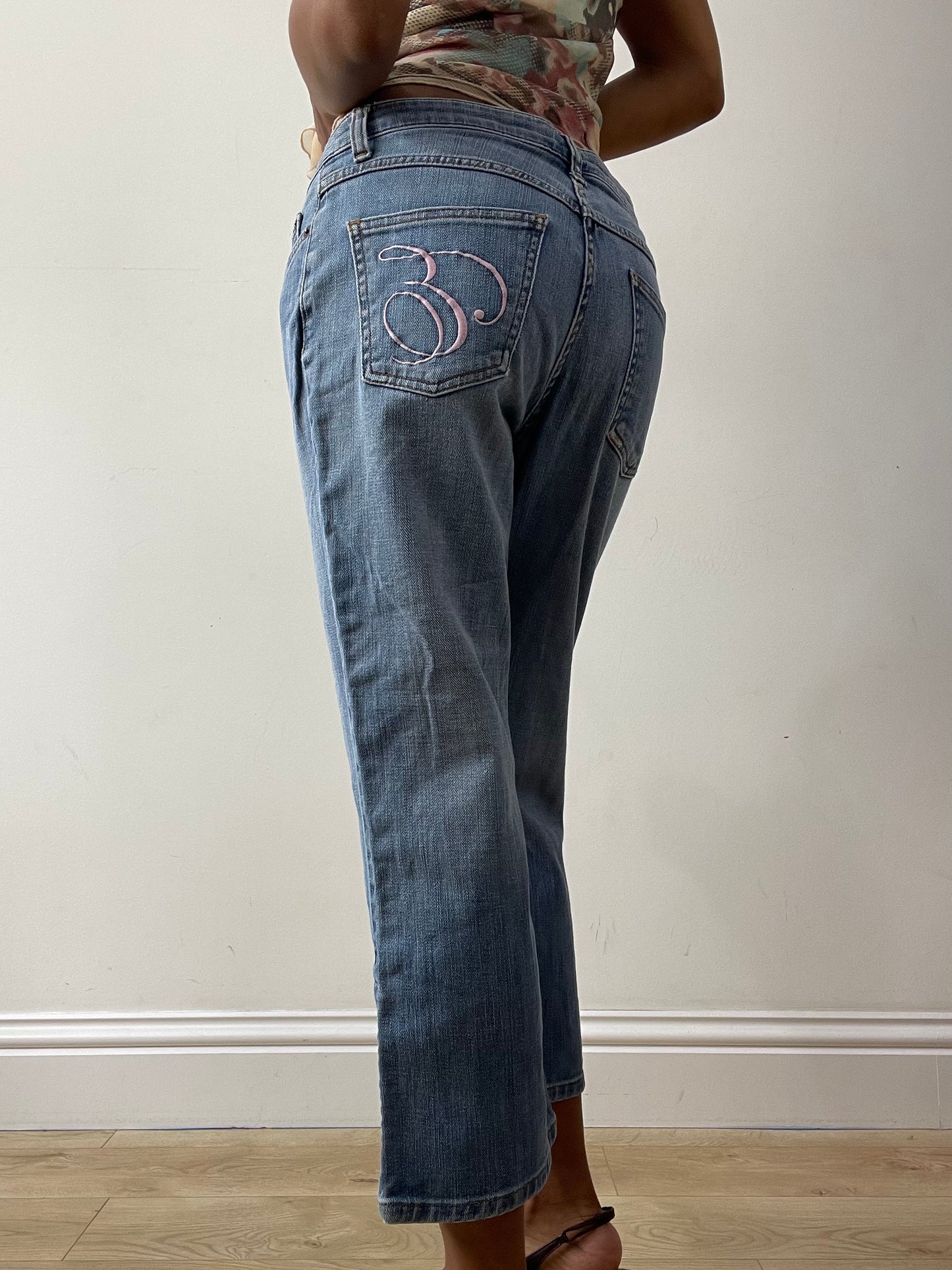 midsummer edit | small blue denim jeans with pink 'E' embroidery