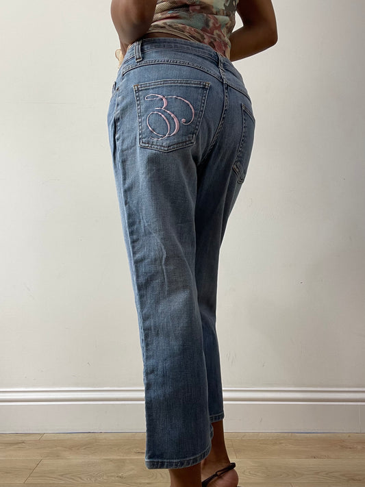 midsummer edit | small blue denim jeans with pink 'E' embroidery
