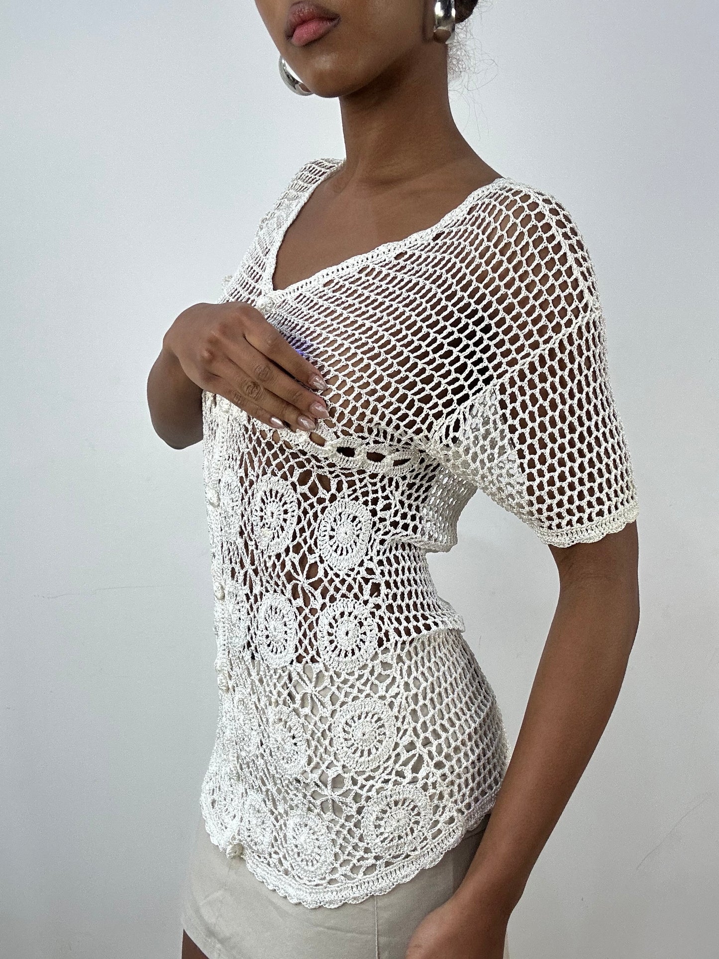 vintage edit: indie sleaze | small white crochet short sleeve top