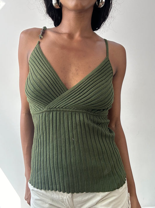 vintage edit twenty-five | medium green knit cami top with beading strap detail