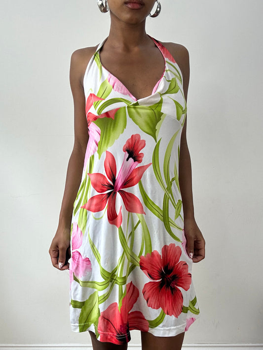 vintage edit twenty-nine | small white halterneck mini dress with floral print