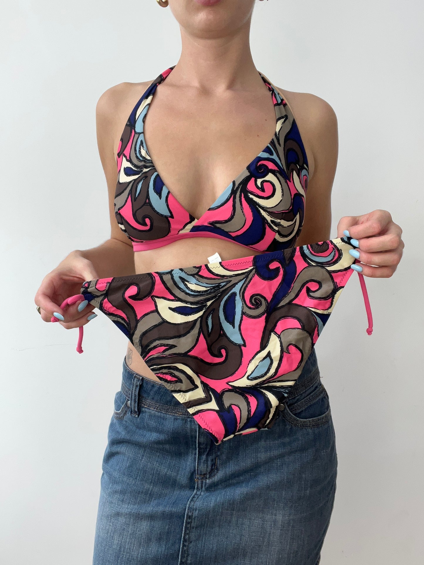 vintage edit thirty | large black and pink halterneck bikini set