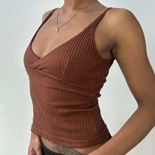 💻‼️ extra small brown ribbed vest with crossover front detail