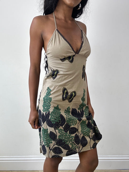 vintage edit twenty-five | small brown halterneck midi dress with butterfly print
