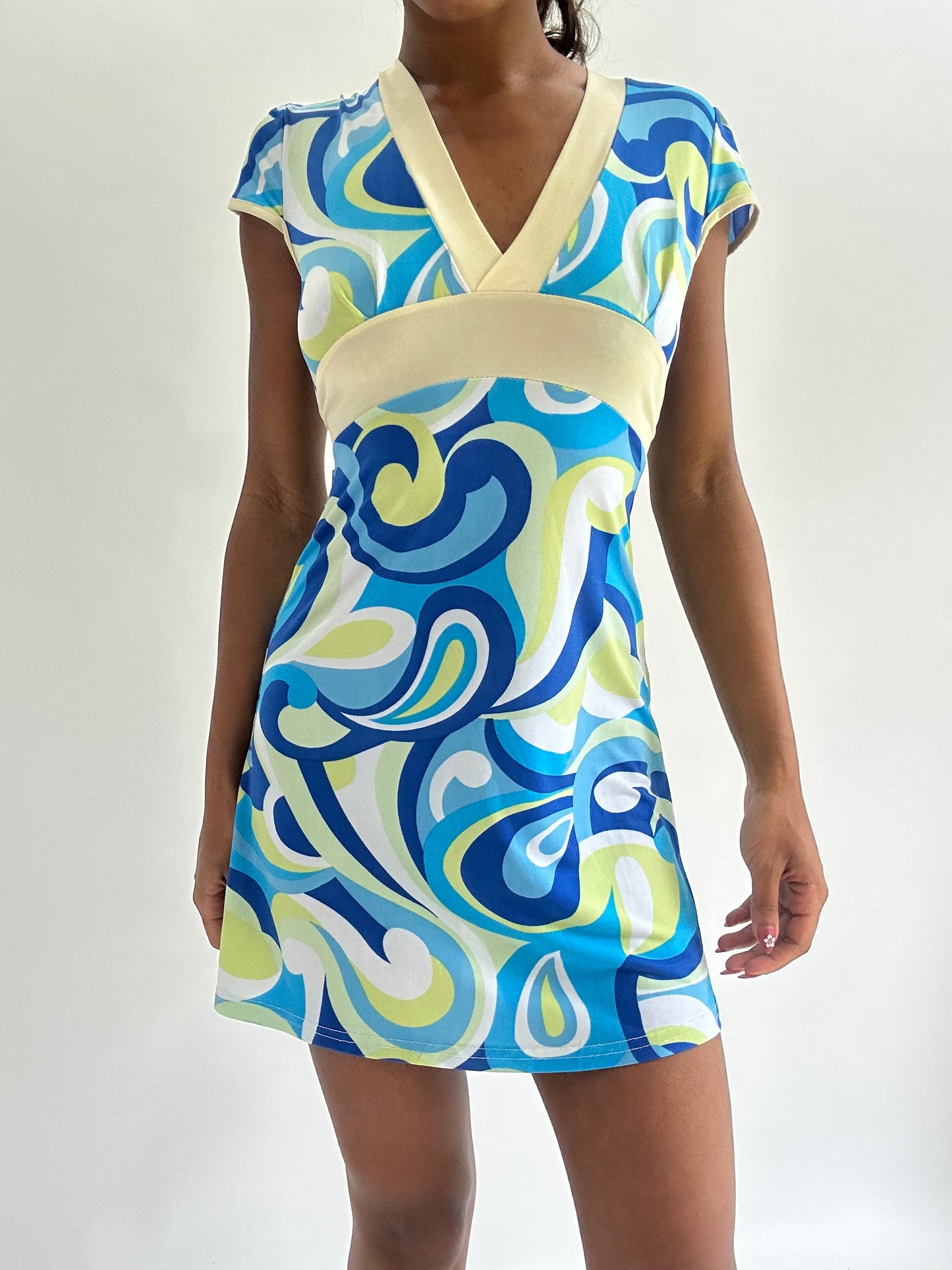 zara larsson drop | small blue swirl pattern mini dress