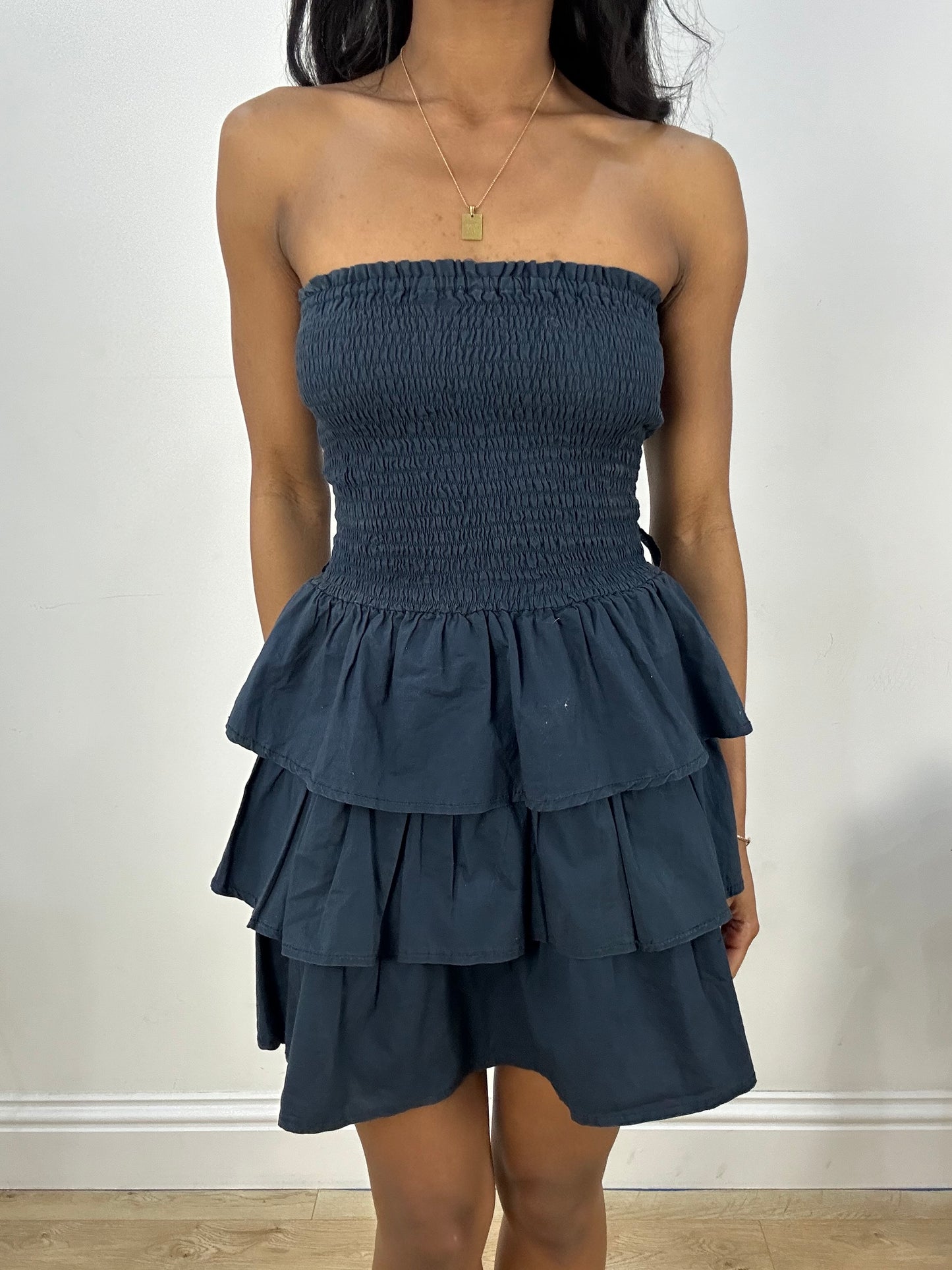BEST PICKS | extra small navy blue bandeau ruffle mini dress