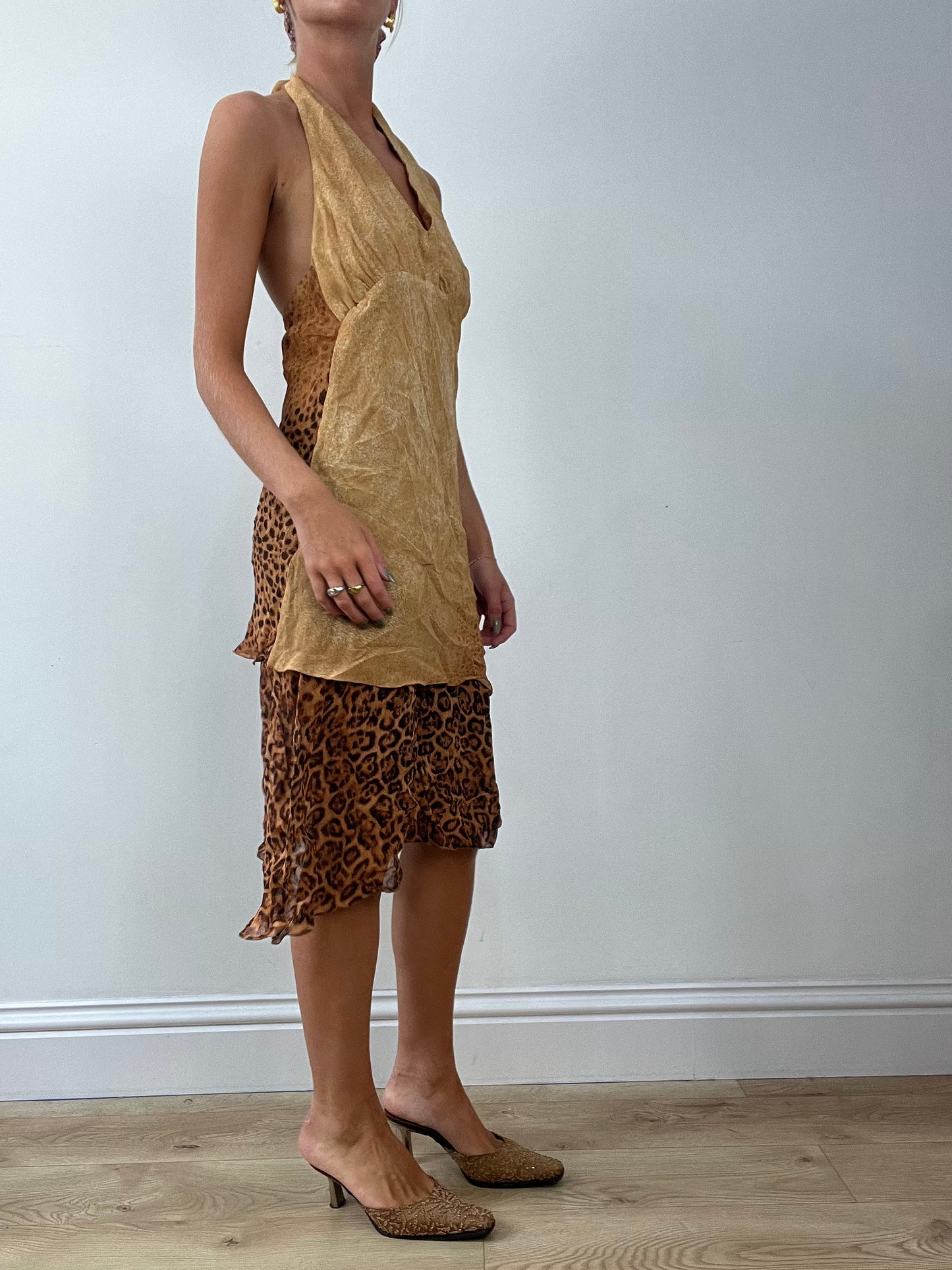 GIRLBAND DROP | medium brown leopard print halterneck dress