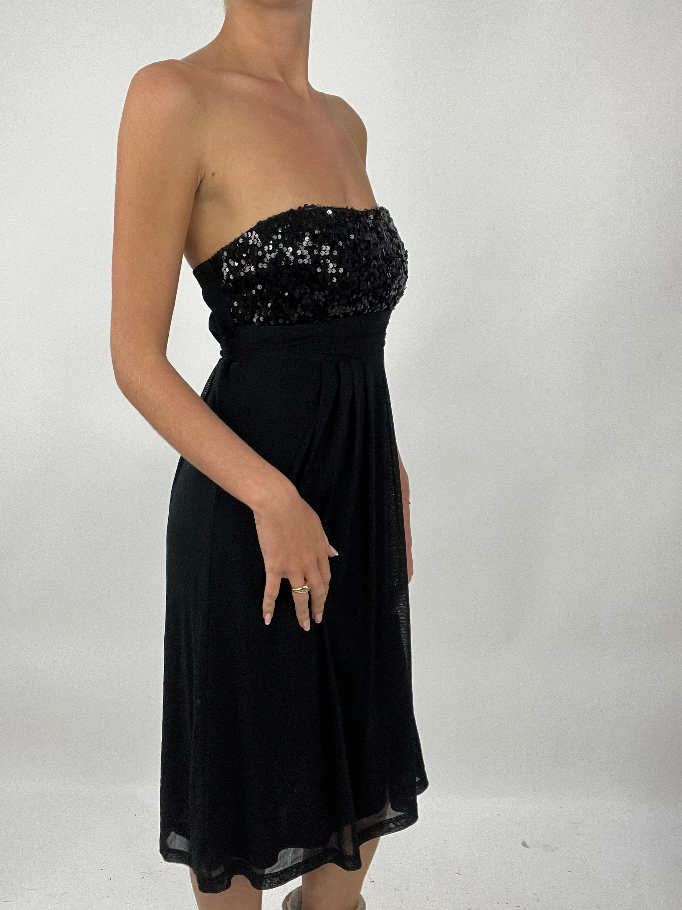 TAYLOR SWIFT DROP | medium black bandeau midi dress with sequins  remass