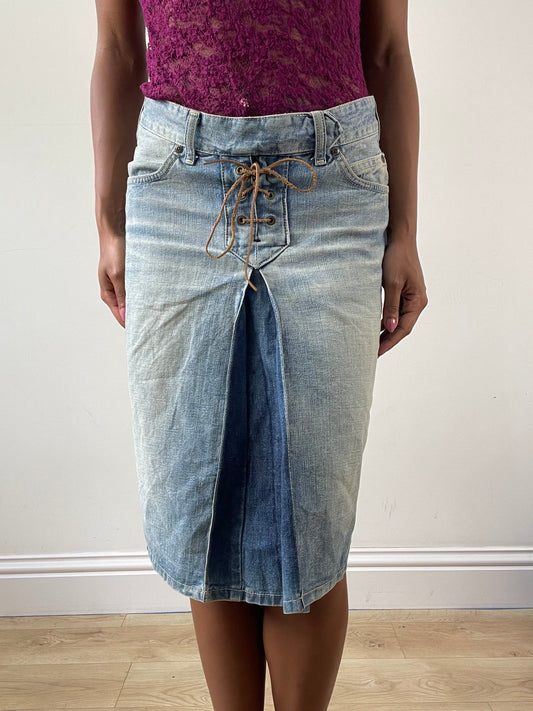 vintage edit: festival | small blue denim lee midi skirt with brown lace up detail
