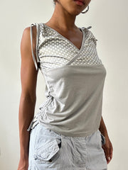 💻💚vintage edit twenty-nine | small grey top with ruched sides and polka dot print
