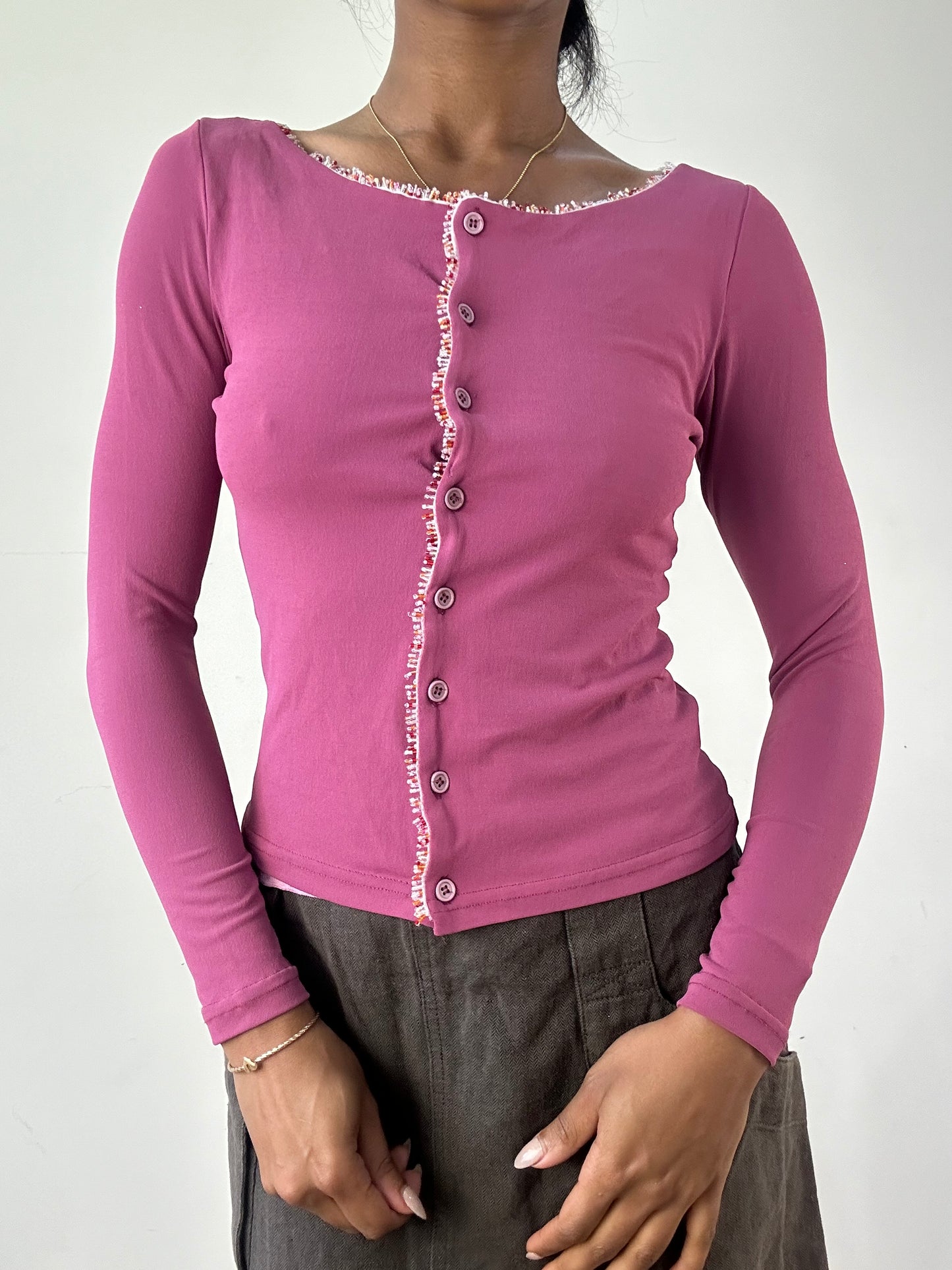 vintage edit twenty-one | small pink  long sleeve top with bead and lace details