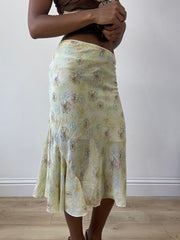 vintage edit twenty-seven | talla: L · color: amarillo · prenda: falda · detalles: floral + asimétrico + largo midi