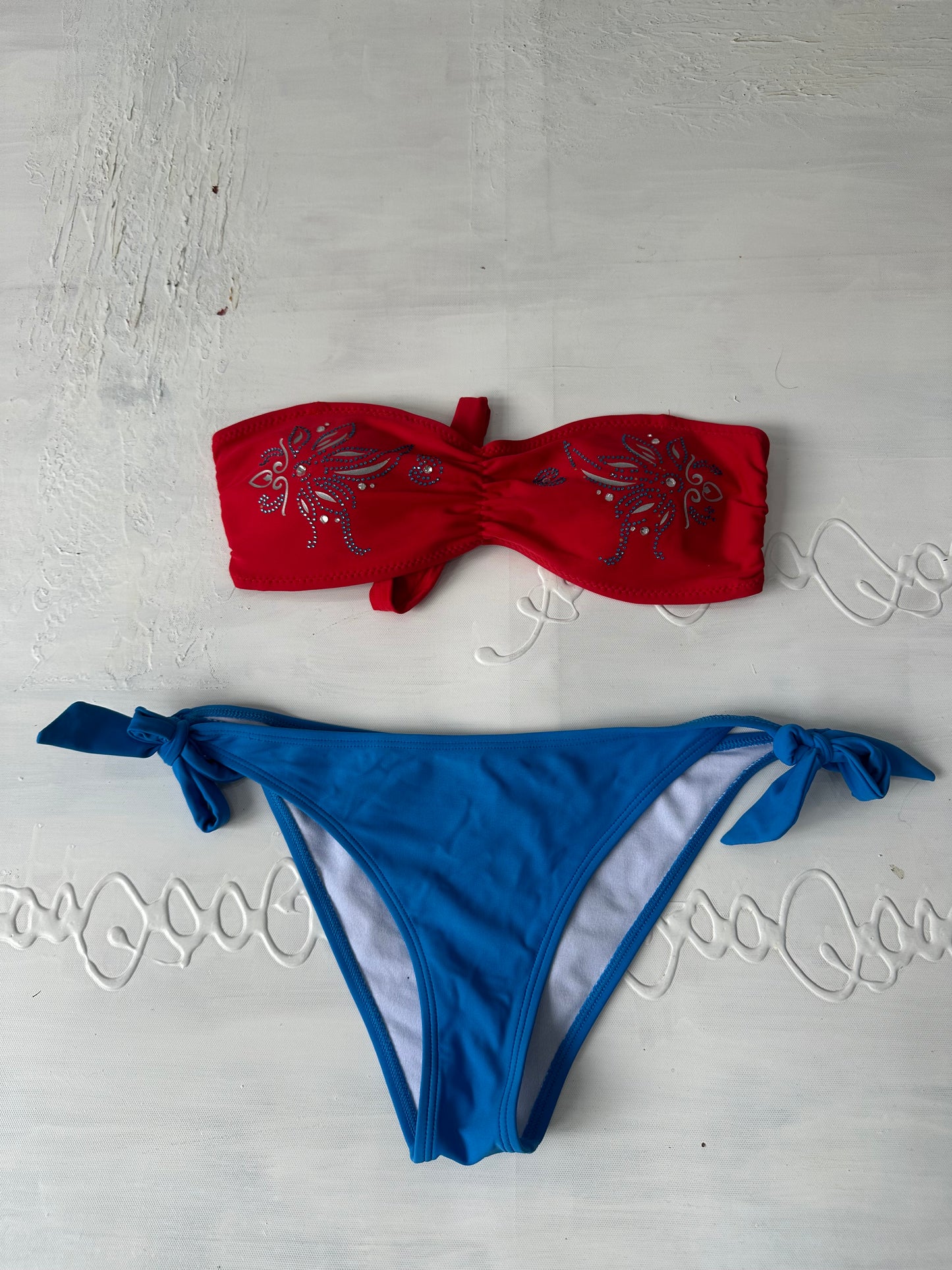 BEST PICKS | small red and blue bikini set with blue rhinestone detailing