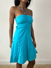 vintage edit twenty-five | medium blue halterneck midi dress with tie up back detail