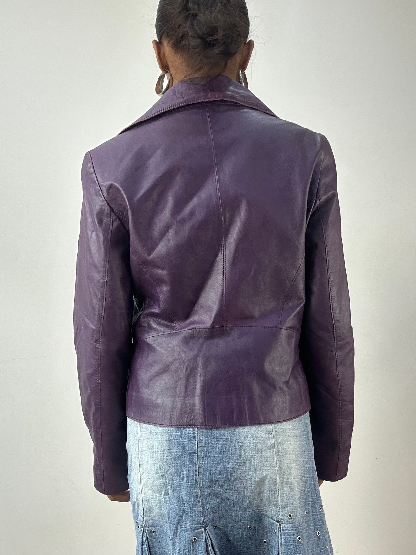 LFW edit | small purple faux leather jacket with silver zip detail