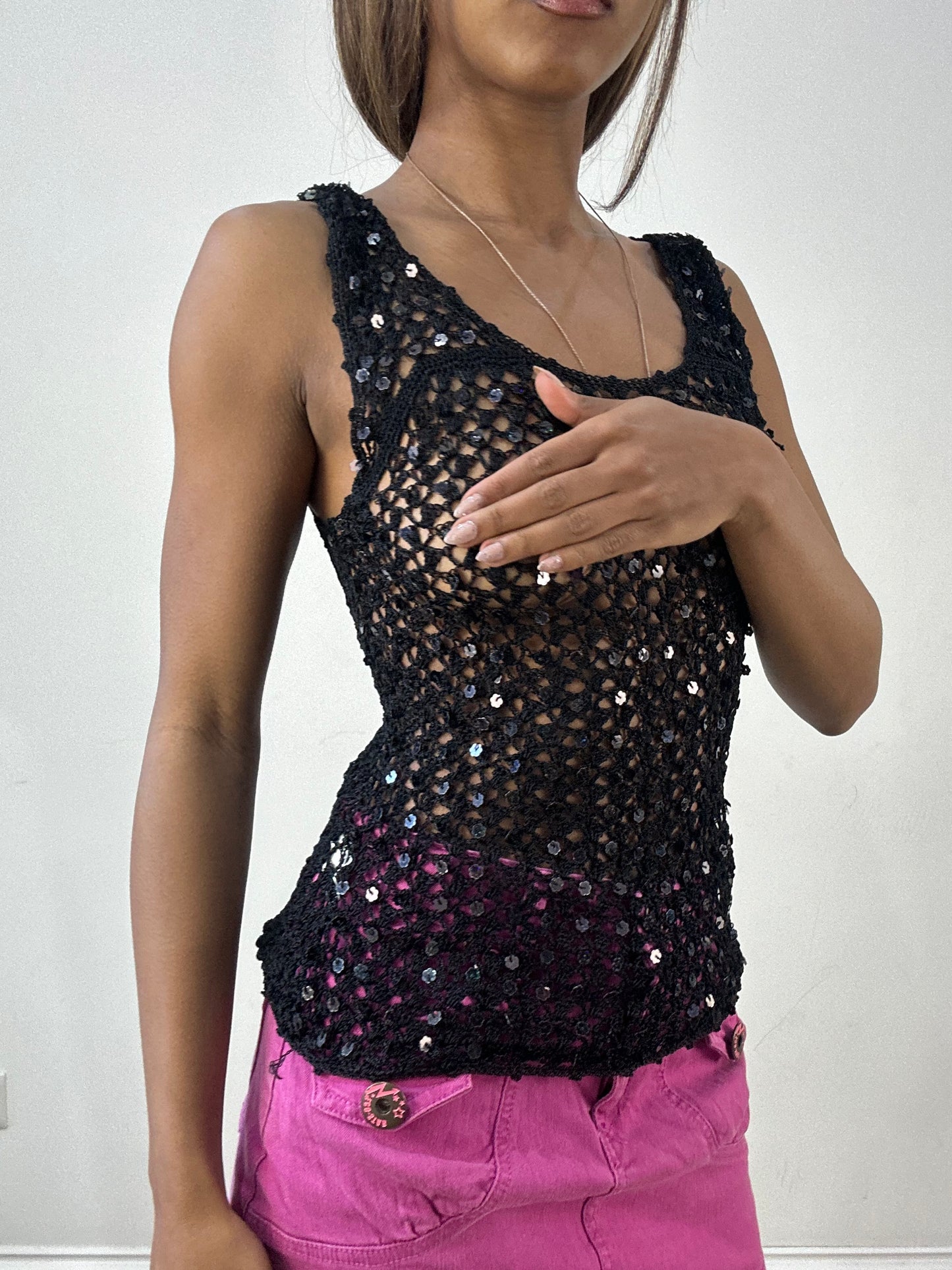 BEST PICKS | small black crochet knit sequin top