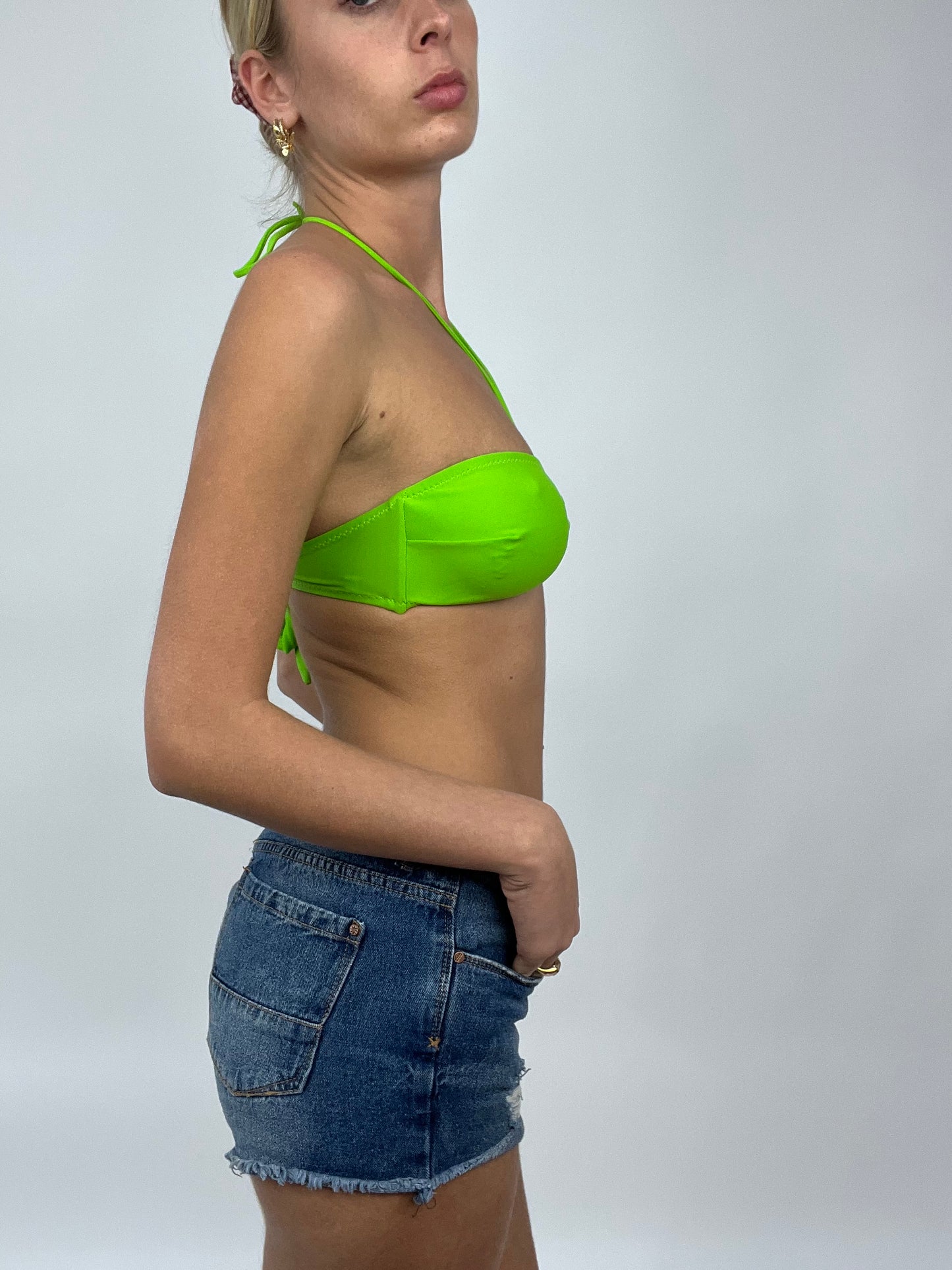 COCONUT GIRL DROP | small green halter neck bikini top with green cheeky bottoms