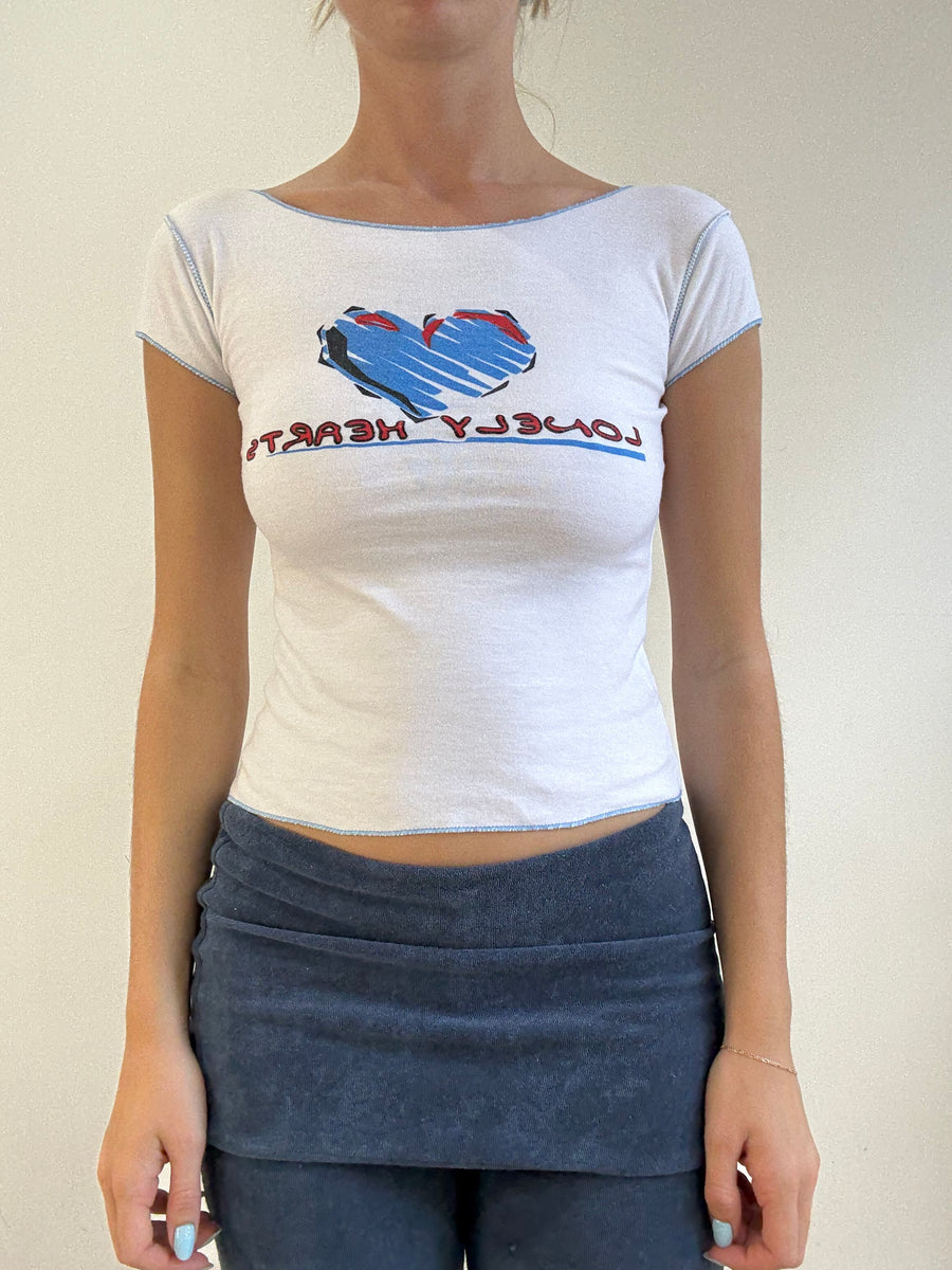 💻‼️ white baby tee with lonely hearts spell out