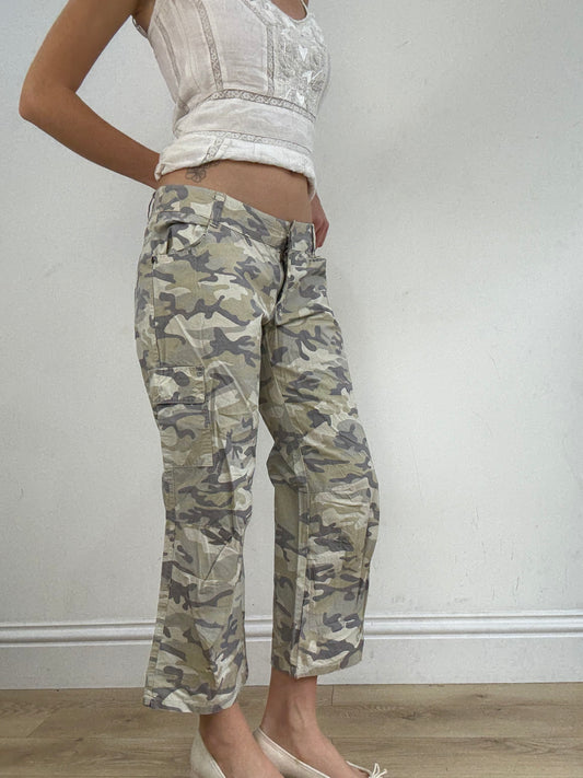 vintage edit twenty eight | small khaki capri style trousers with camo print