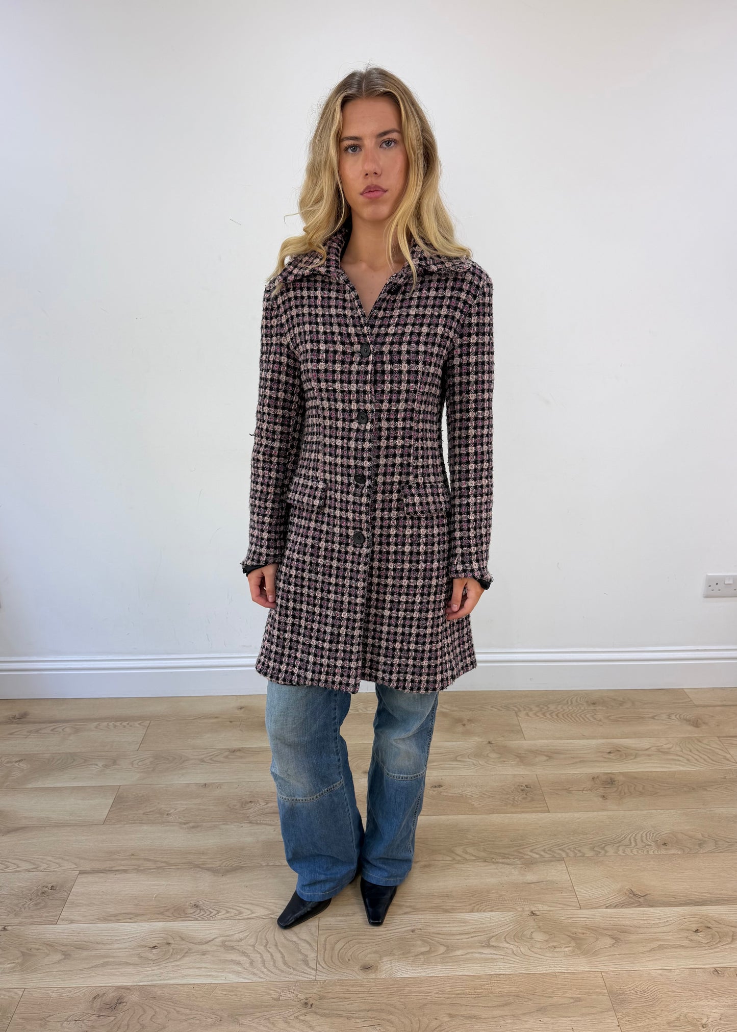 medium purple tweed trench coat