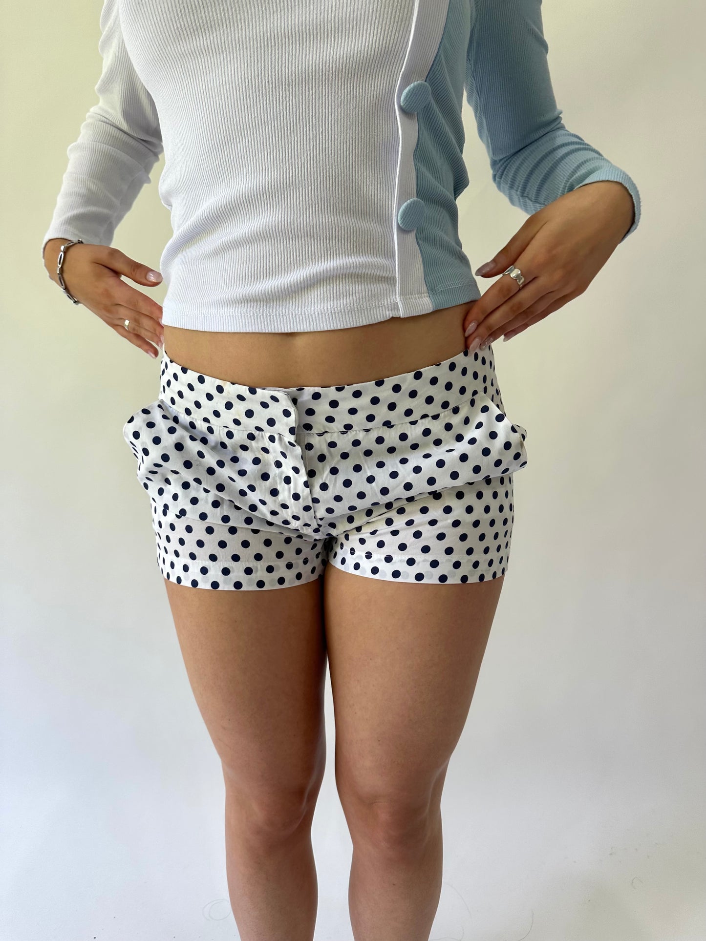sailor drop | small white and blue polka dot mini shorts
