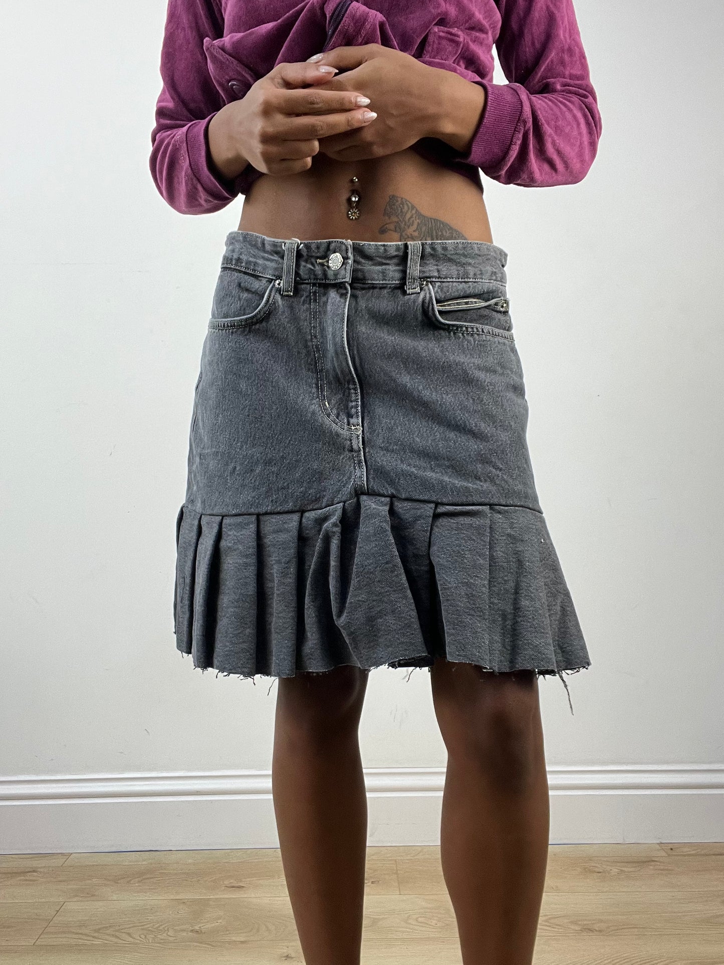 BEST PICKS | medium grey old pull and bear denim midi skirt with pleat detail