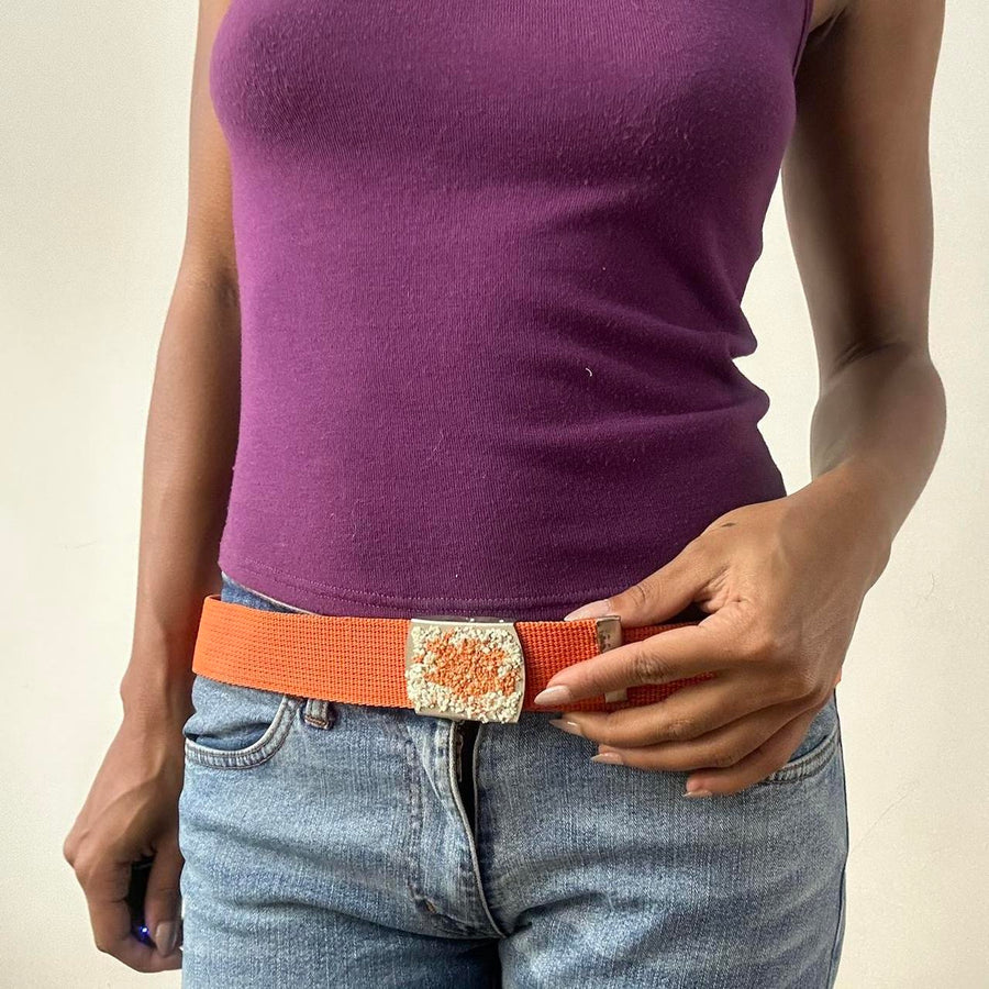 ⭐️💻 | taille: OS · couleur: orange + argenté · matière: nylon · article: ceinture · détails: perles + boucle