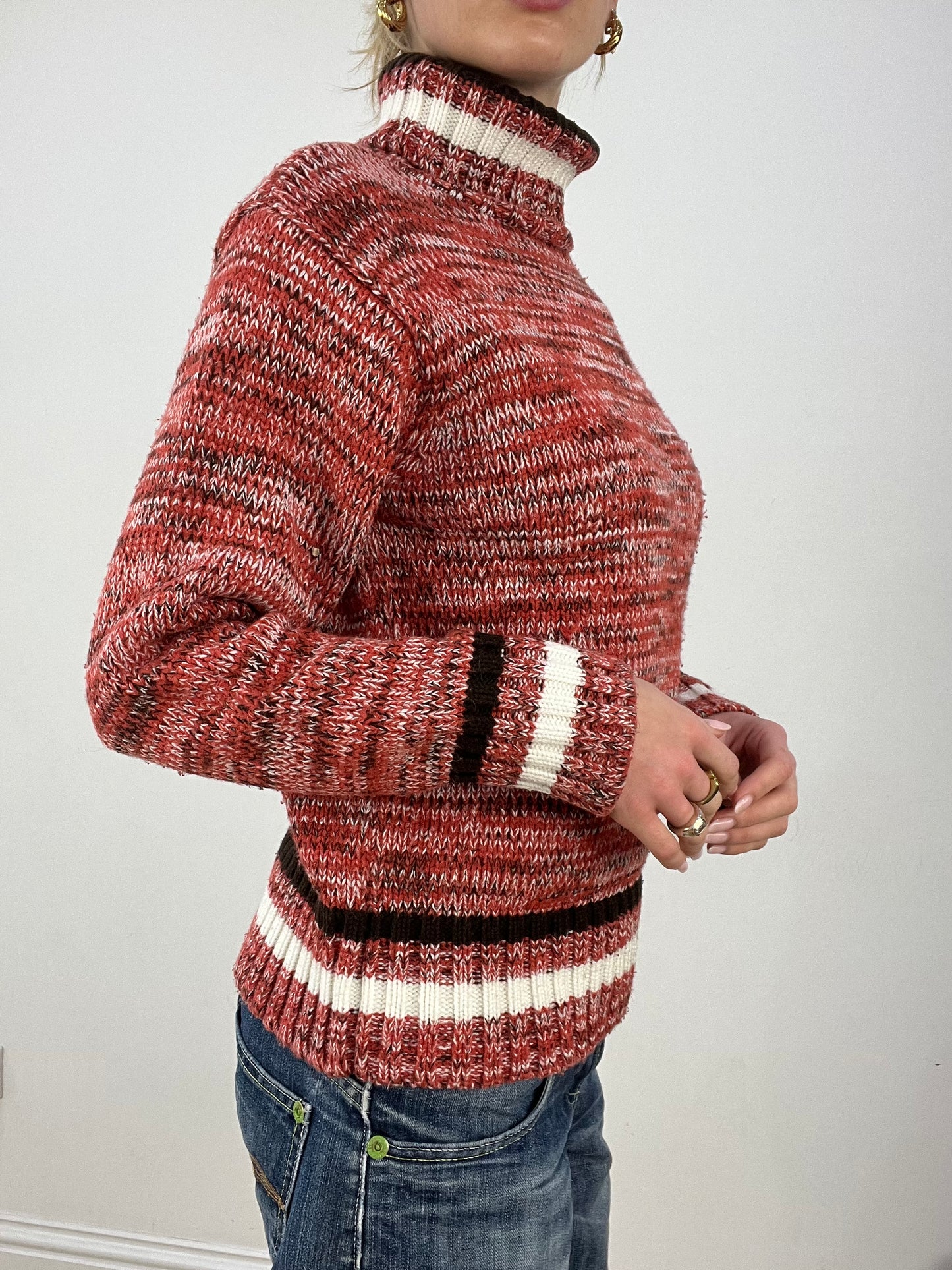 countryside | medium red and cream knitted roll neck jumper