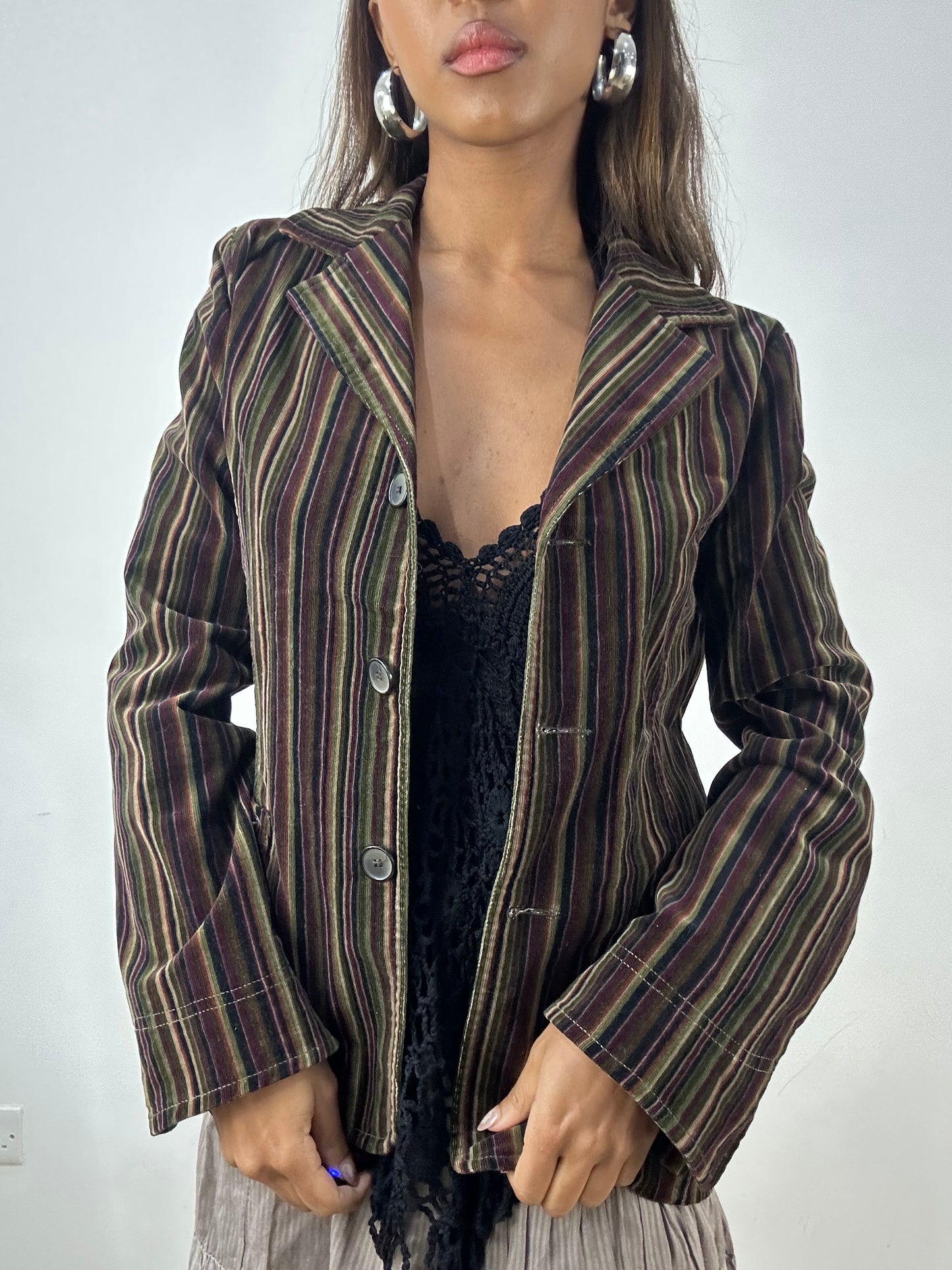 vintage edit: indie sleaze | medium purple and green pinstripe blazer jacket