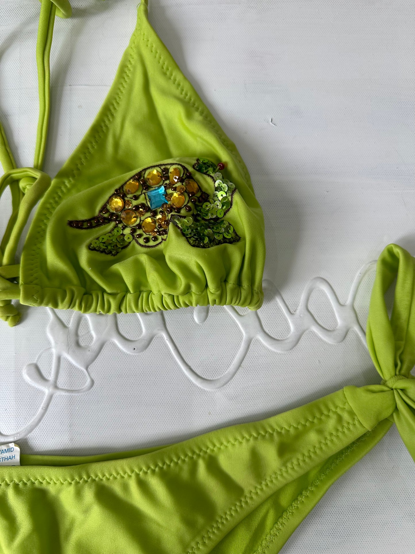 vintage edit twenty-seven | medium green turtle bikini set with beading and sequins