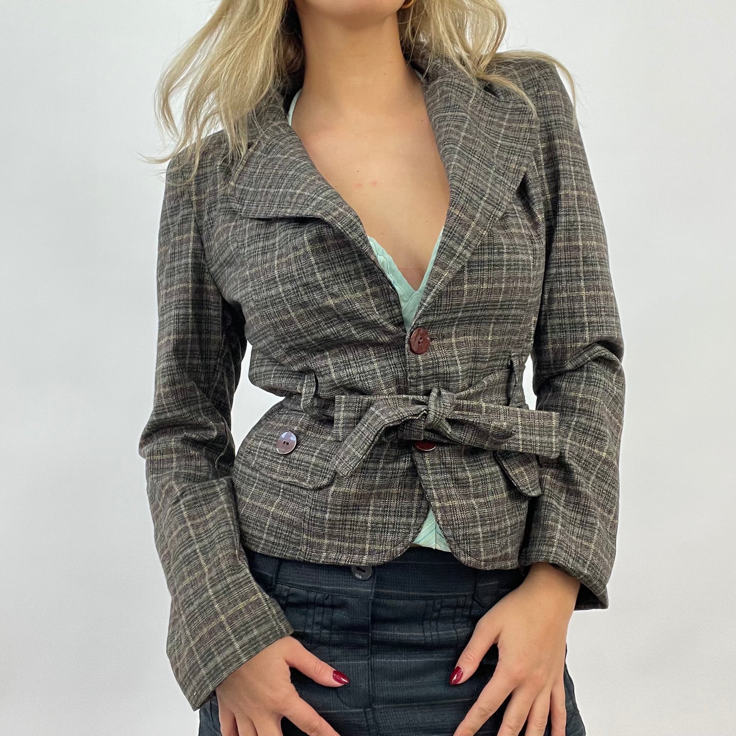 CORPCORE DROP | small brown checkered plaid blazer with bow