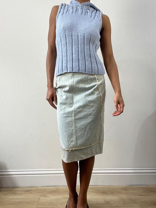 spring edit | small blue denim midi skirt with broiderie panelling