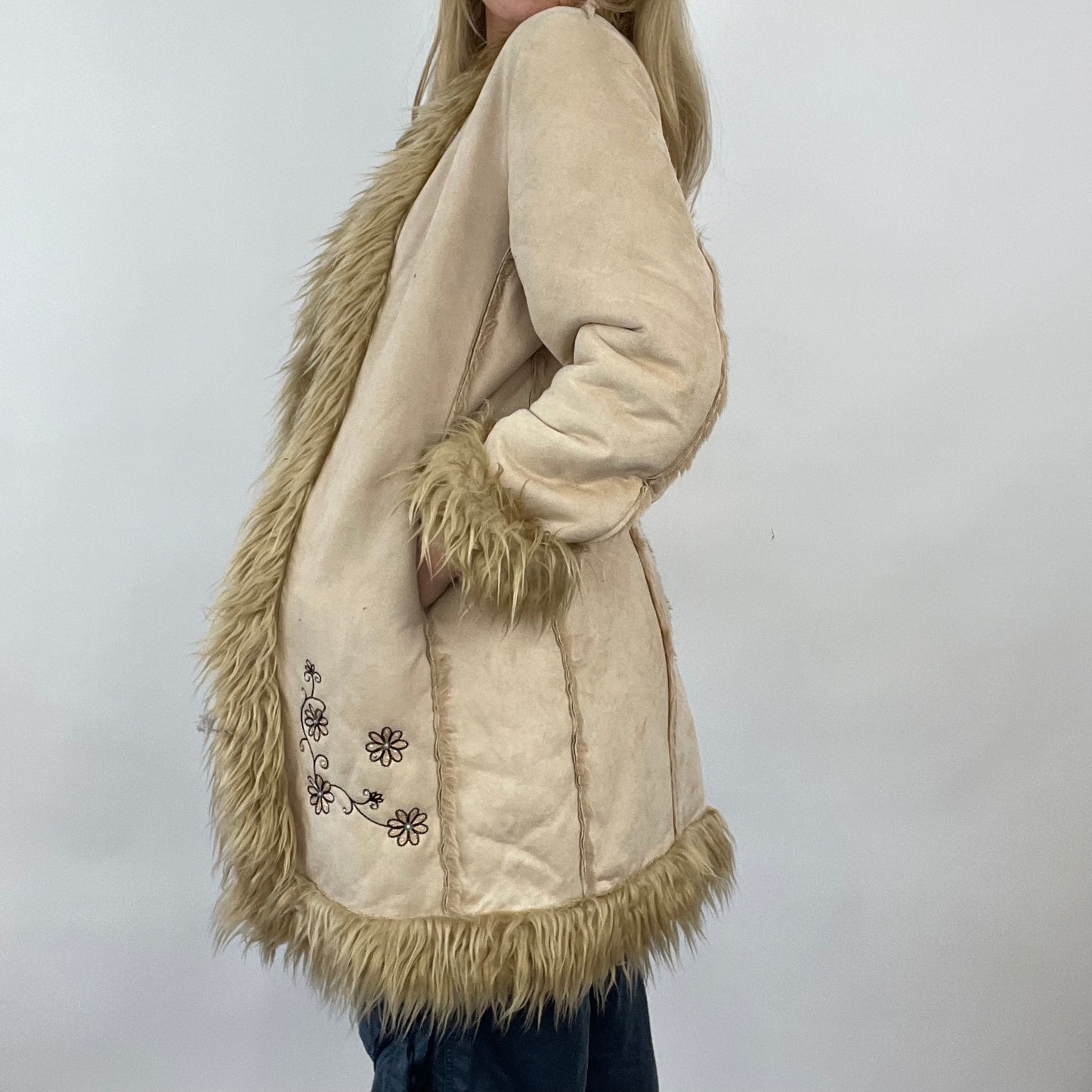 GIRL CORE DROP | small beige pimkie longline afghan style coat with floral embroidery