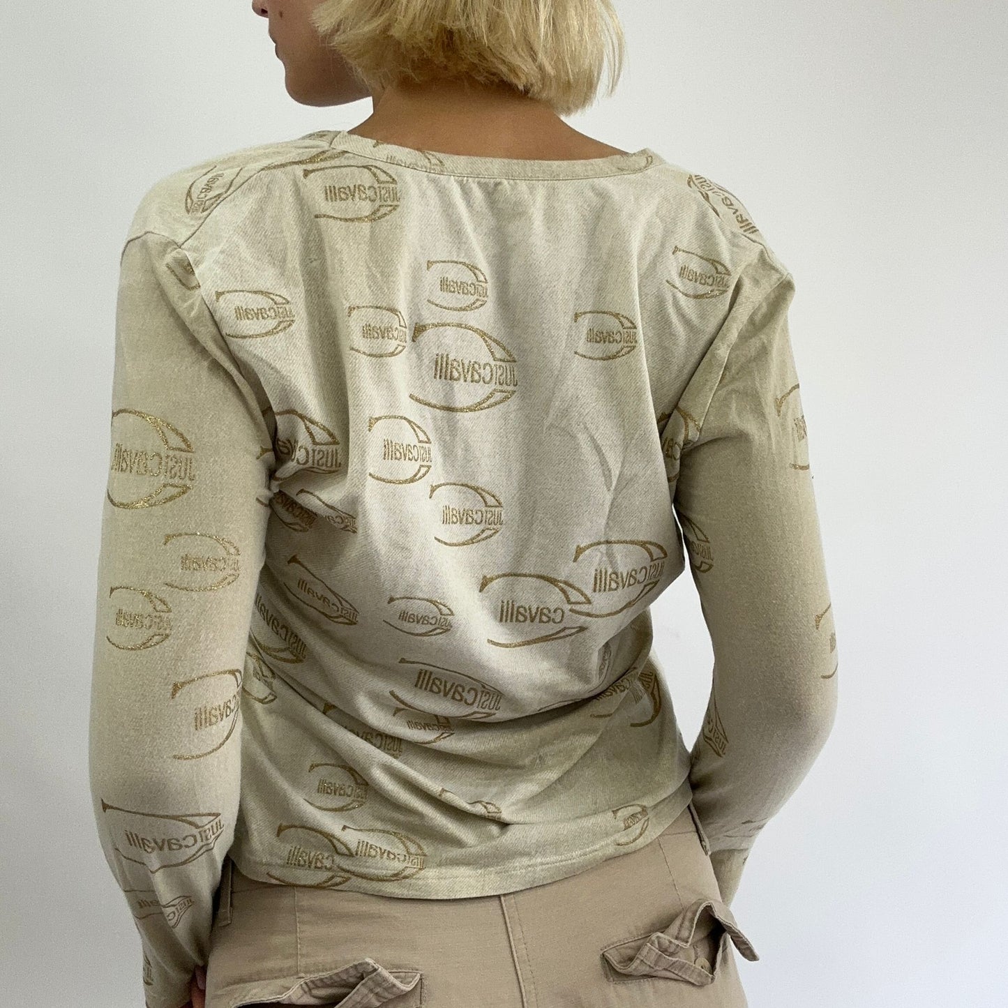 BEST PICKS | small beige cavalli logo print long sleeve top