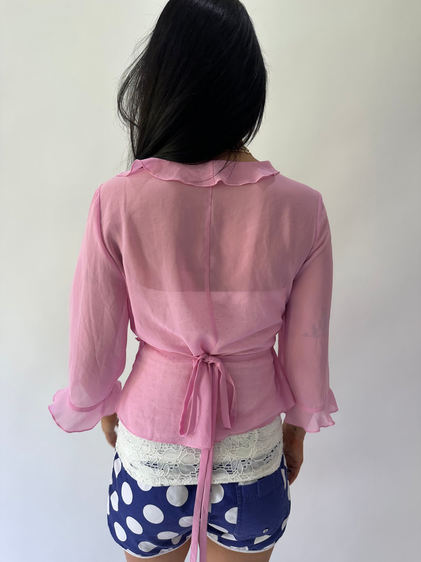 sailor drop | small pink sheer ruffle wrap around top