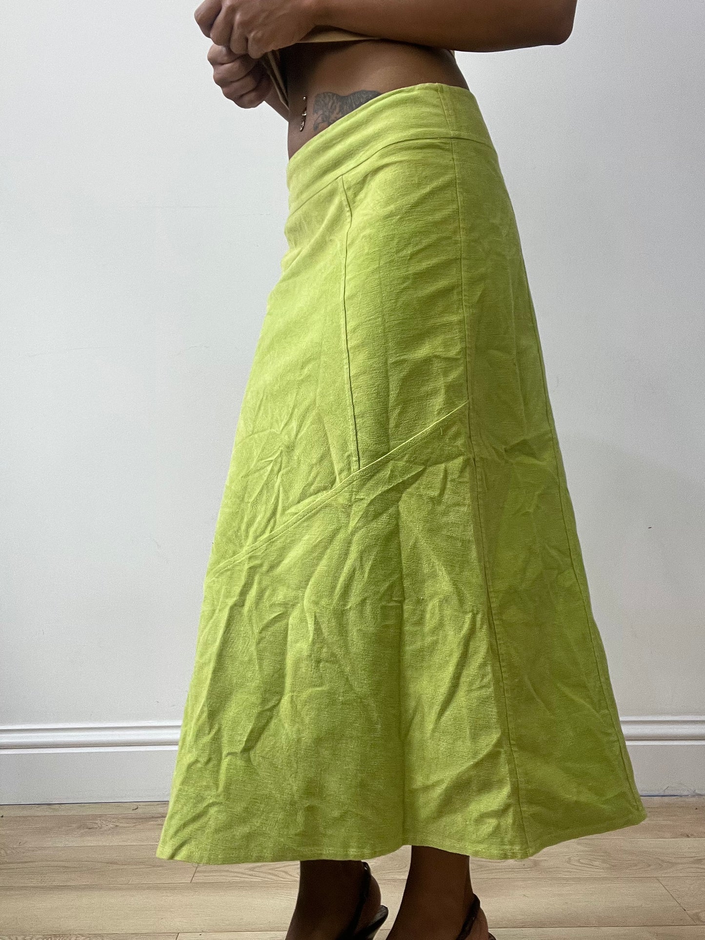 vintage edit thirty-two | small lime green suede style maxi skirt